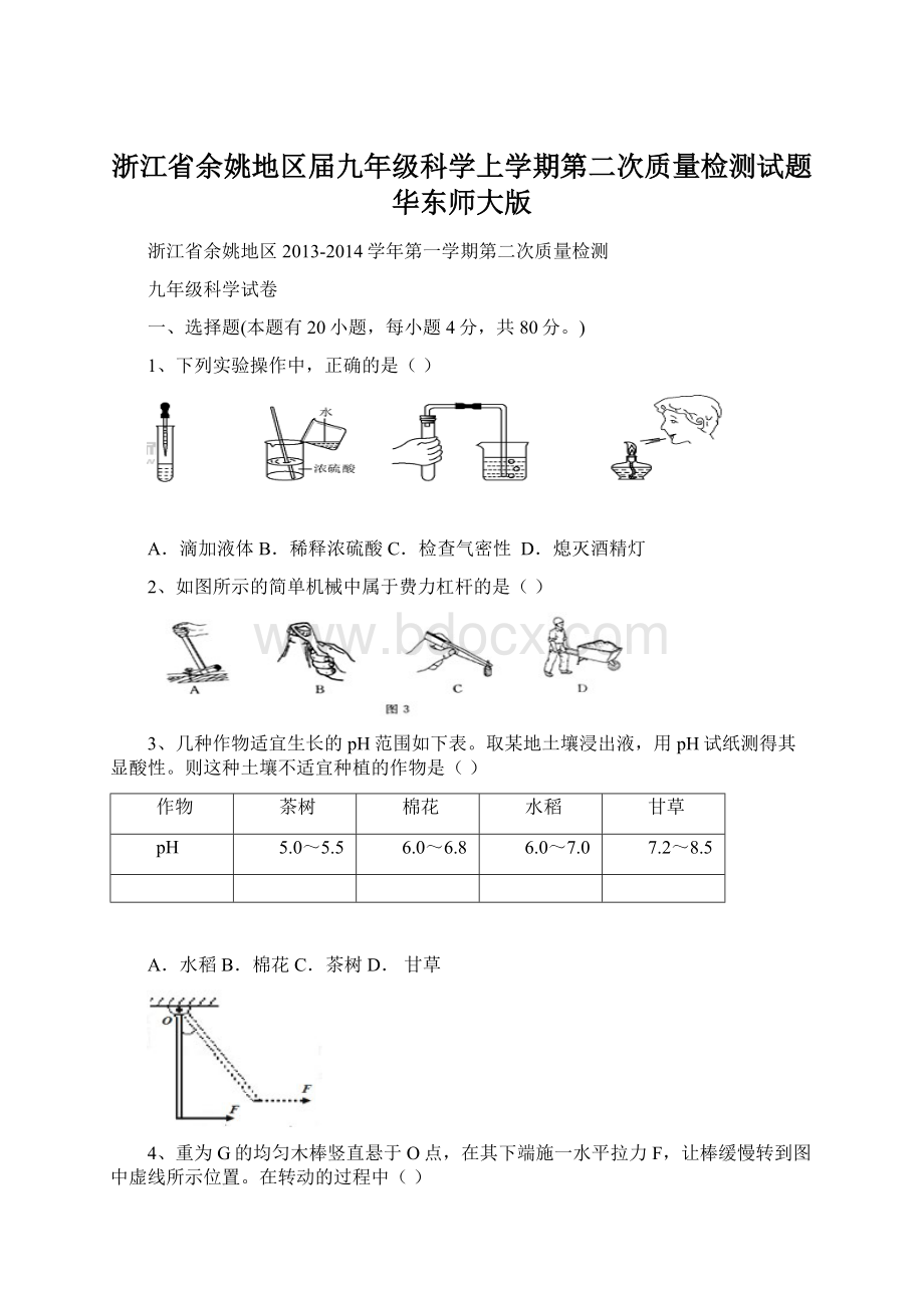 浙江省余姚地区届九年级科学上学期第二次质量检测试题 华东师大版文档格式.docx