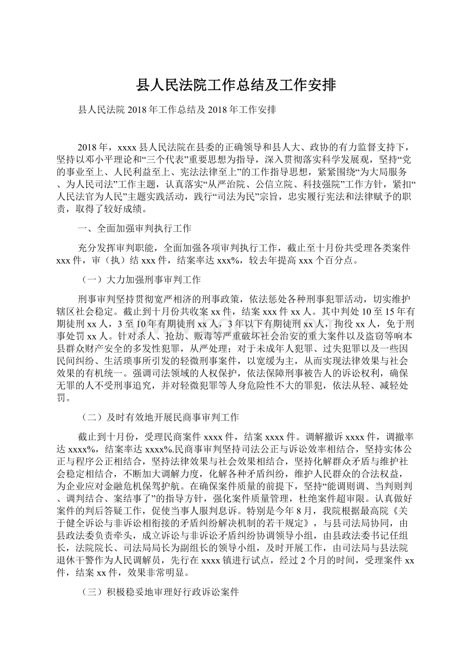 县人民法院工作总结及工作安排Word格式.docx