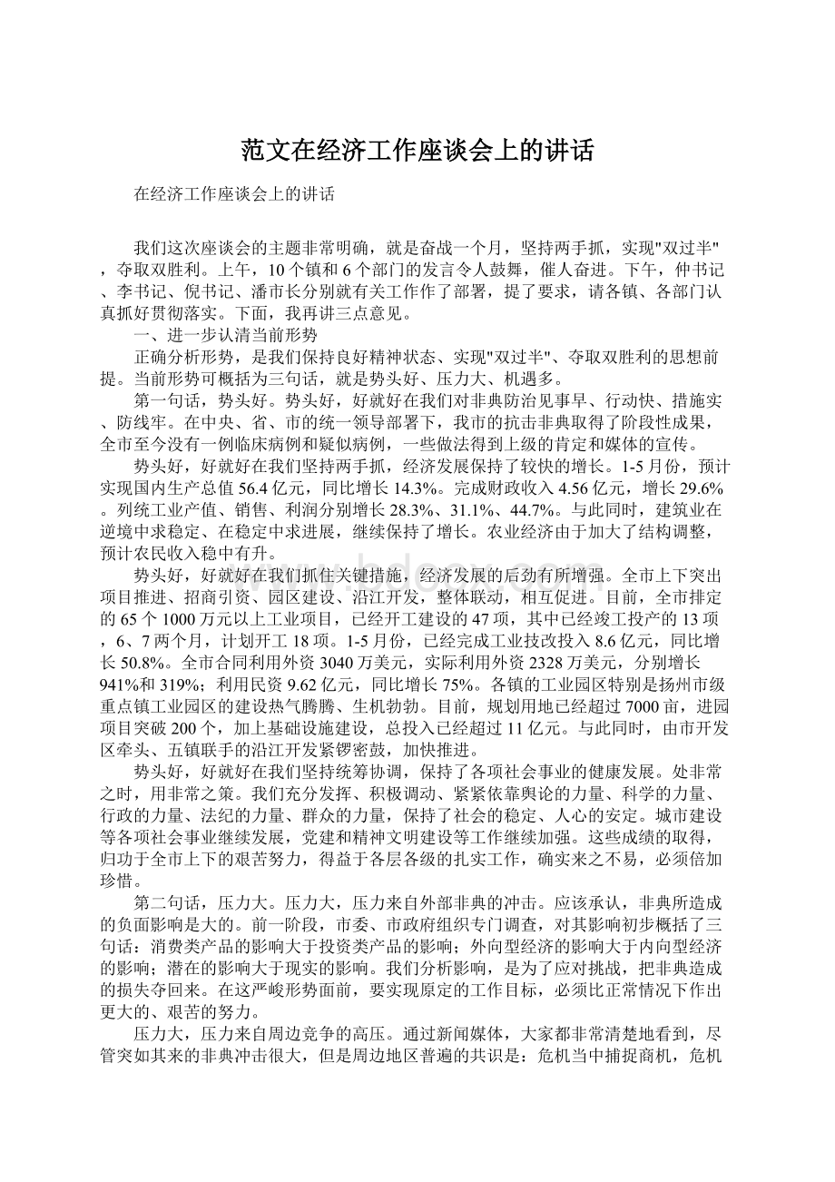 范文在经济工作座谈会上的讲话Word格式文档下载.docx_第1页