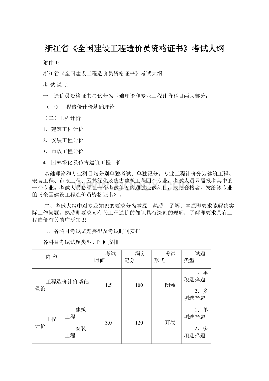 浙江省《全国建设工程造价员资格证书》考试大纲Word格式.docx_第1页