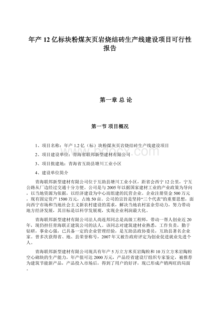 年产12亿标块粉煤灰页岩烧结砖生产线建设项目可行性报告Word文档下载推荐.docx_第1页