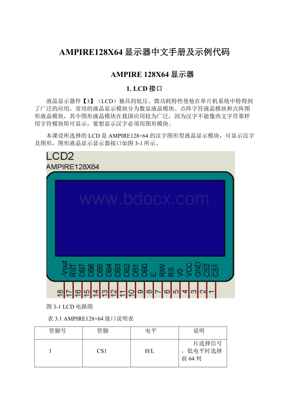 AMPIRE128X64显示器中文手册及示例代码文档格式.docx