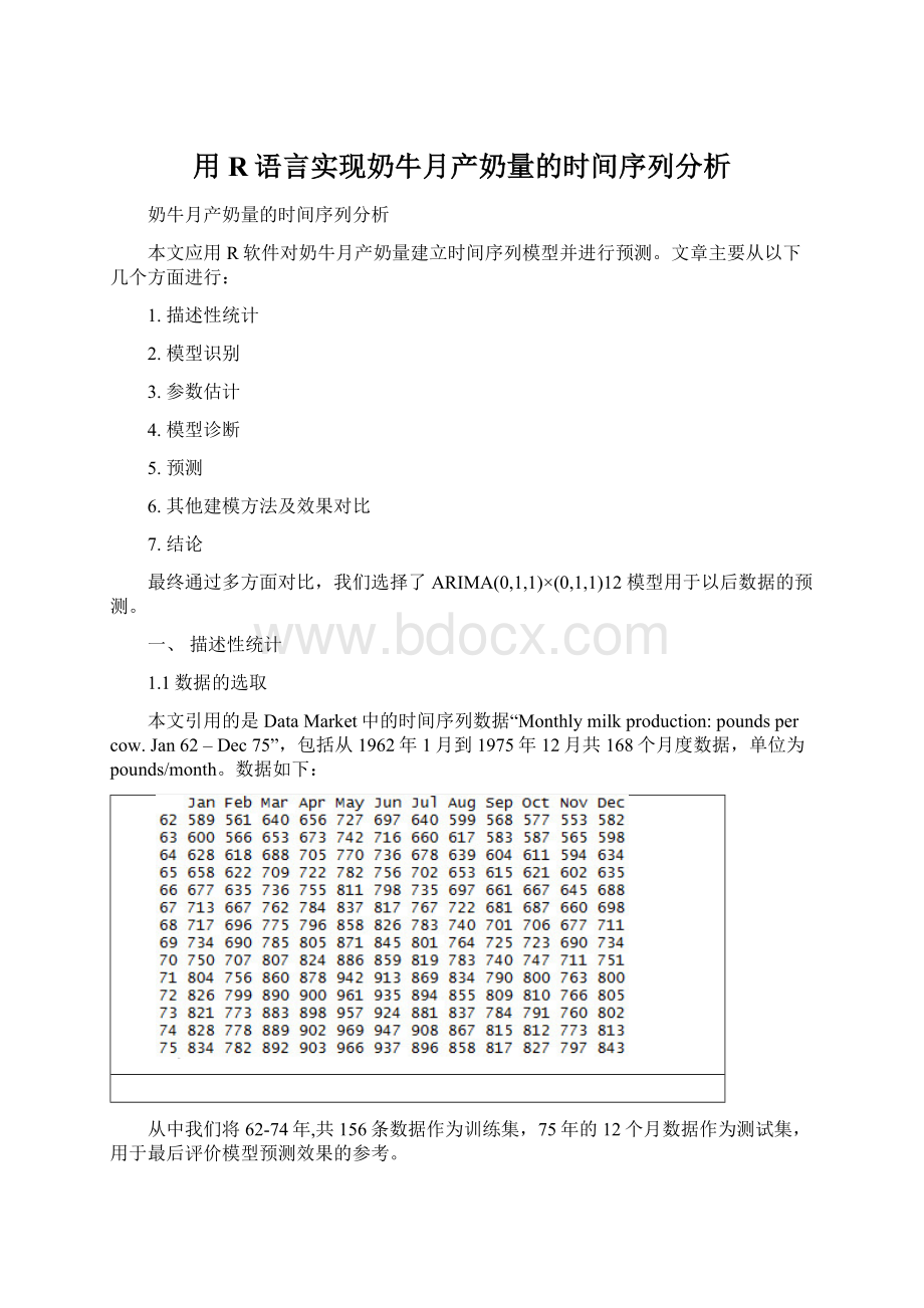 用R语言实现奶牛月产奶量的时间序列分析.docx_第1页