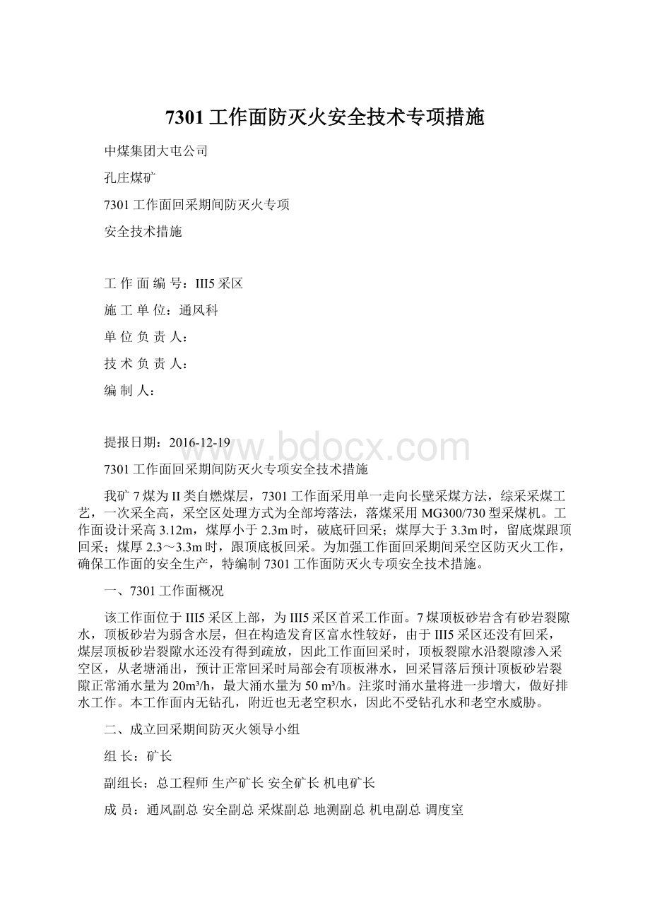 7301工作面防灭火安全技术专项措施.docx