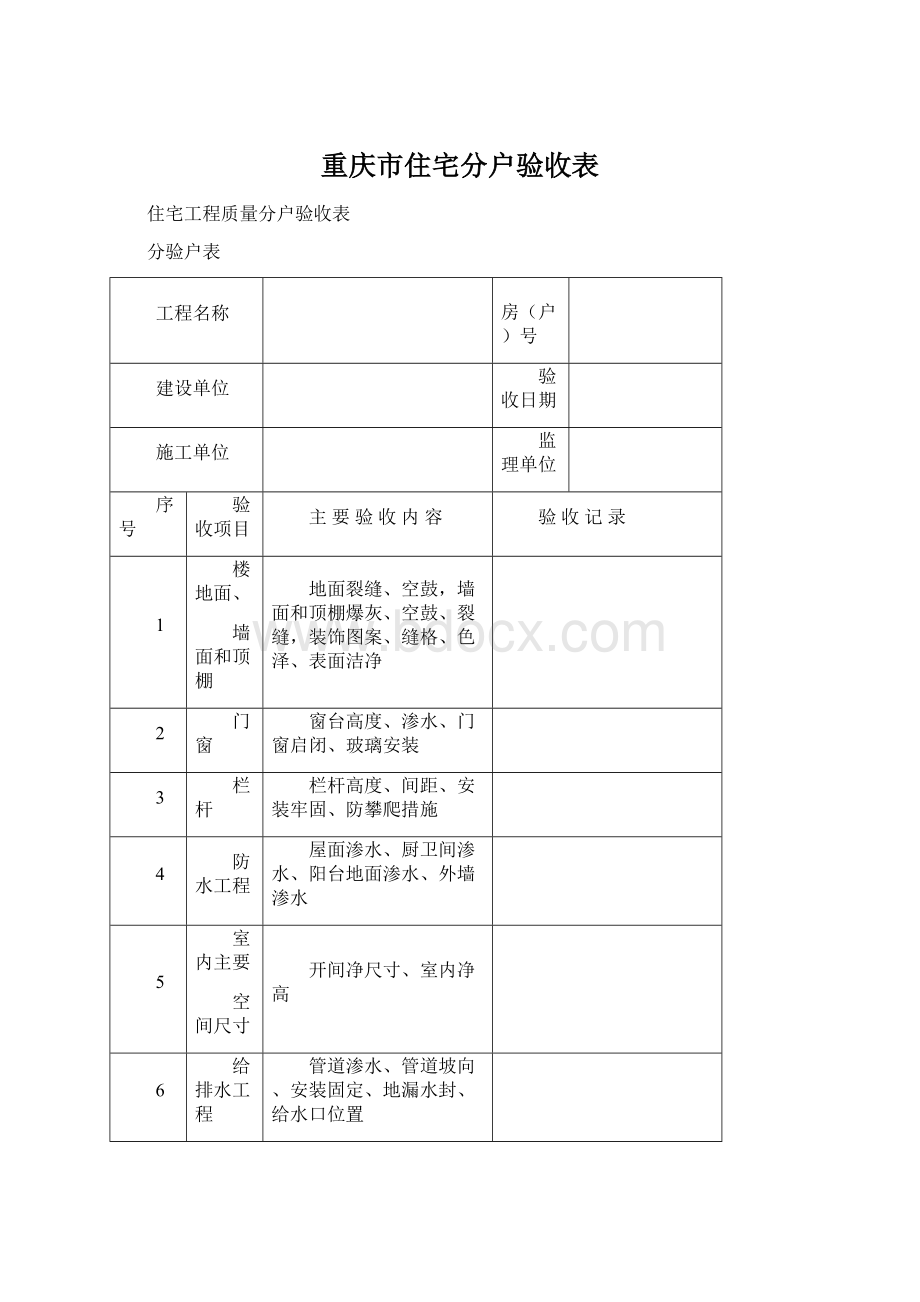 重庆市住宅分户验收表Word文档格式.docx_第1页