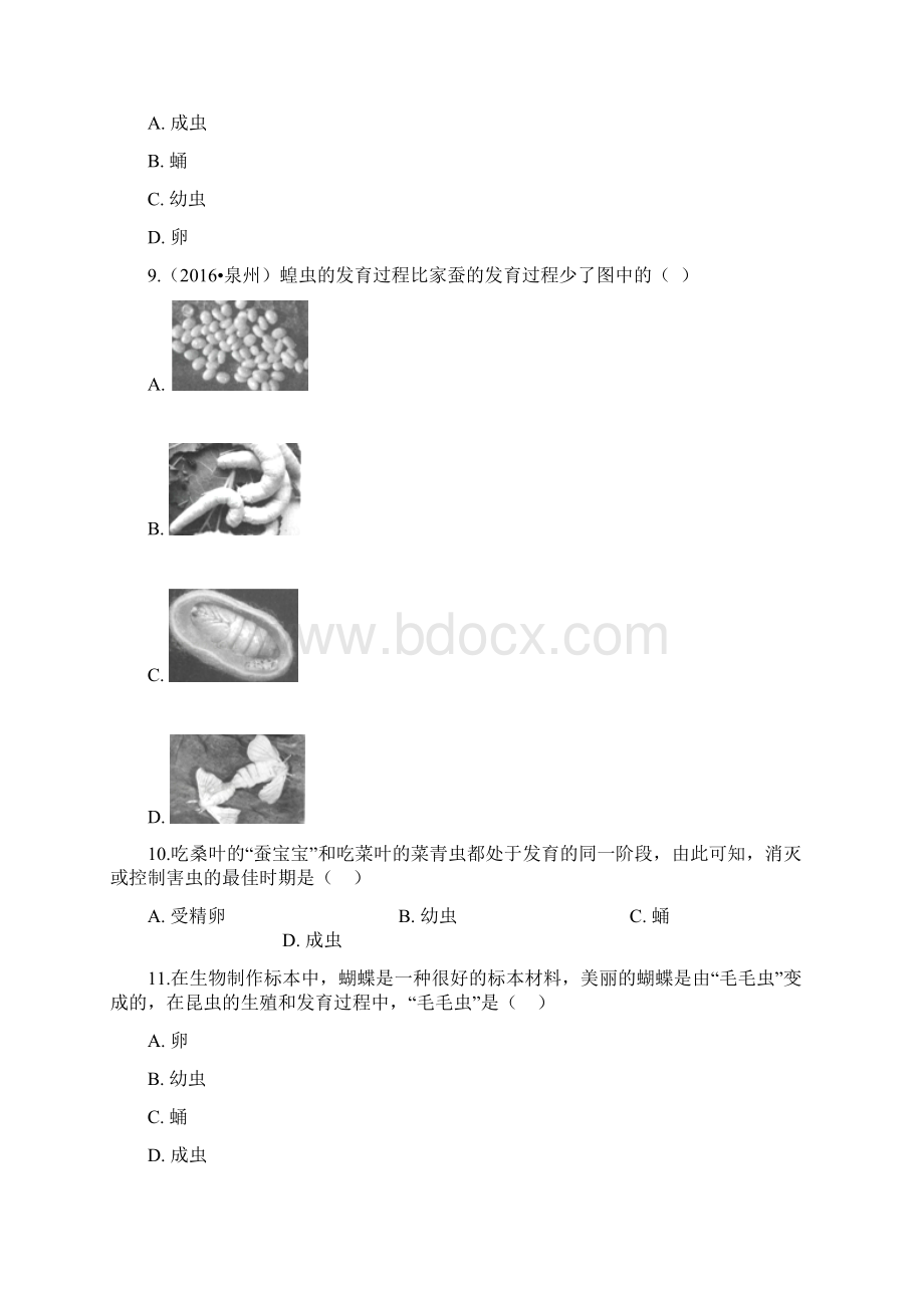 学年人教版生物八年级下册 第七单元 第一章第二节 昆虫的生殖和发育 同步测试.docx_第3页