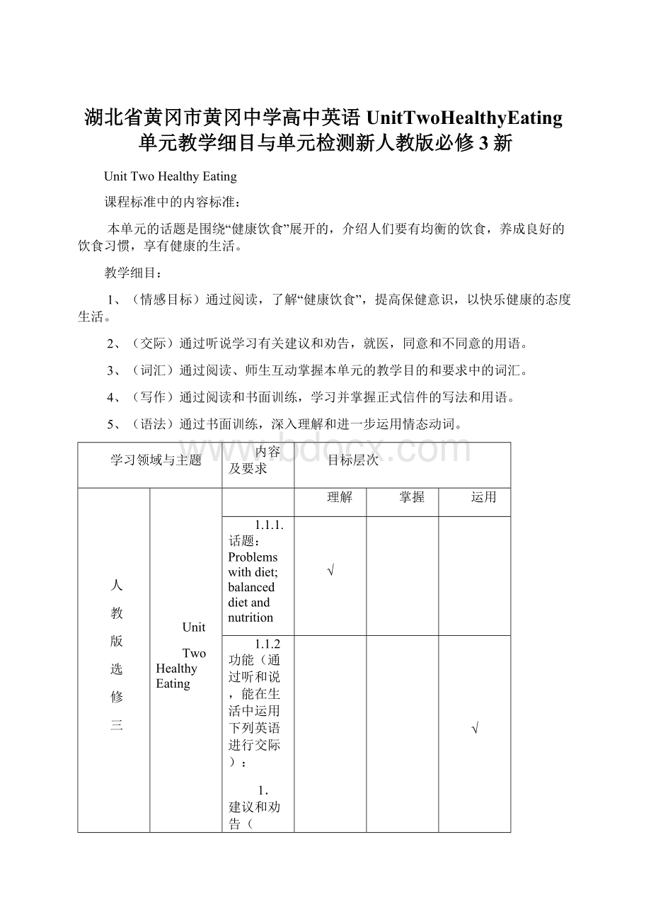 湖北省黄冈市黄冈中学高中英语UnitTwoHealthyEating单元教学细目与单元检测新人教版必修3新Word格式文档下载.docx_第1页