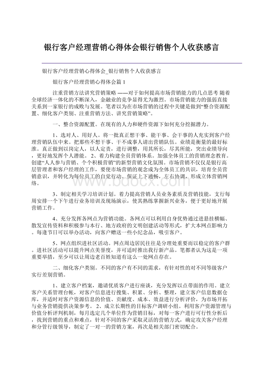 银行客户经理营销心得体会银行销售个人收获感言Word文档下载推荐.docx