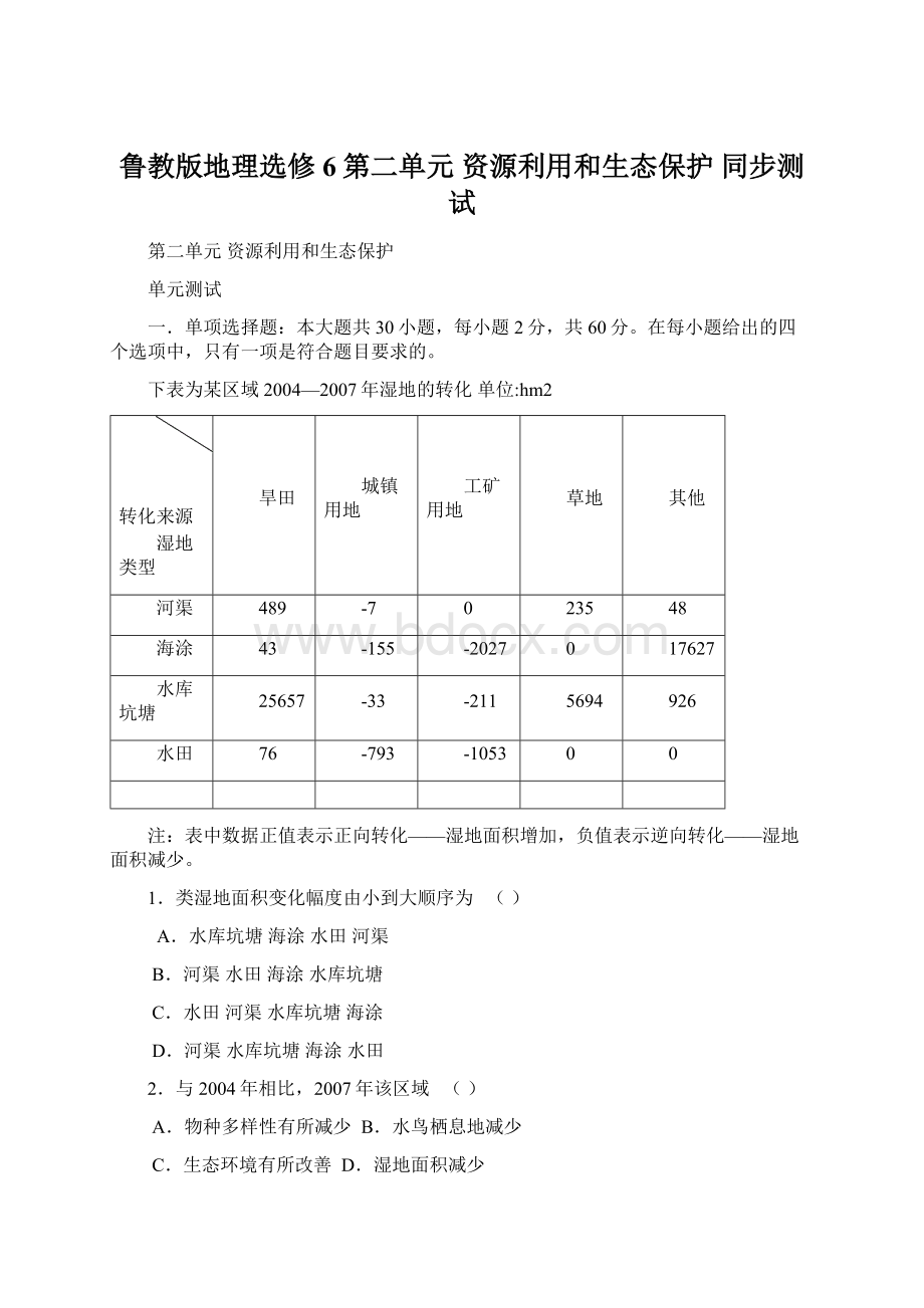 鲁教版地理选修6第二单元 资源利用和生态保护 同步测试Word格式文档下载.docx