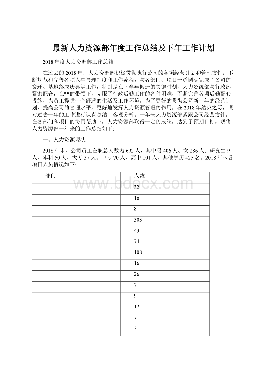 最新人力资源部年度工作总结及下年工作计划Word文档下载推荐.docx_第1页