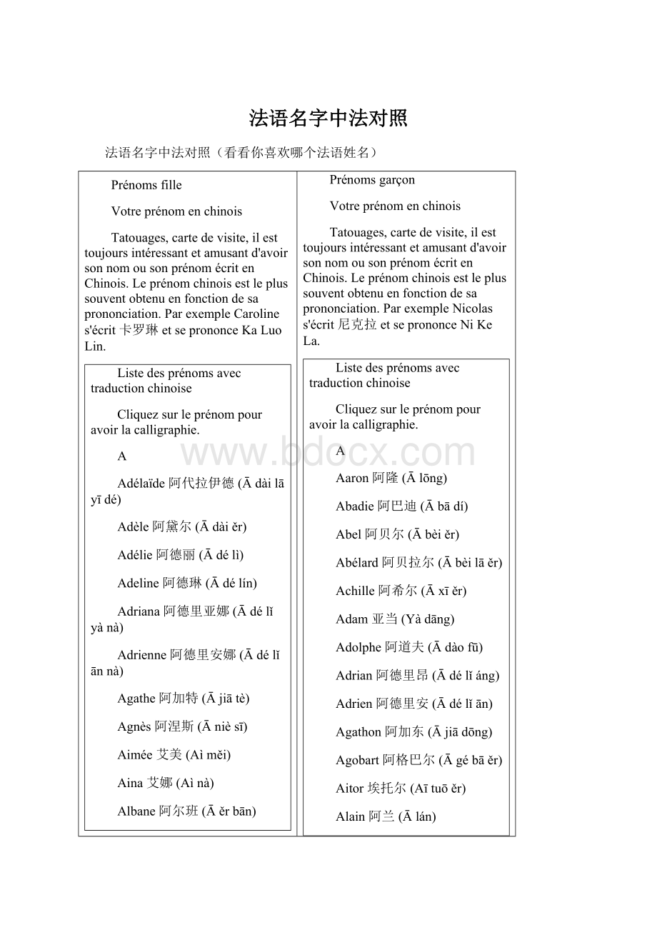 法语名字中法对照Word格式.docx