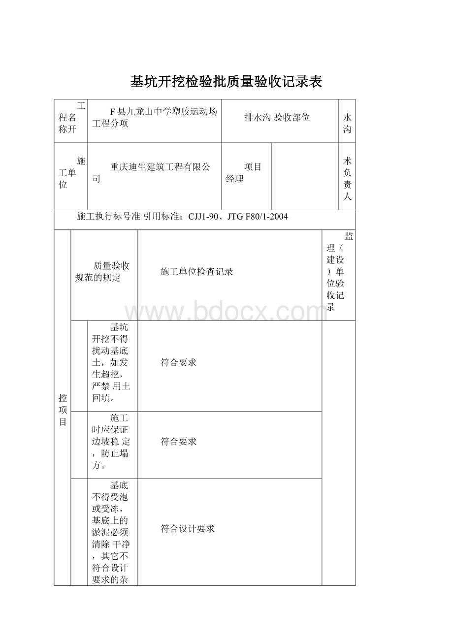 基坑开挖检验批质量验收记录表文档格式.docx