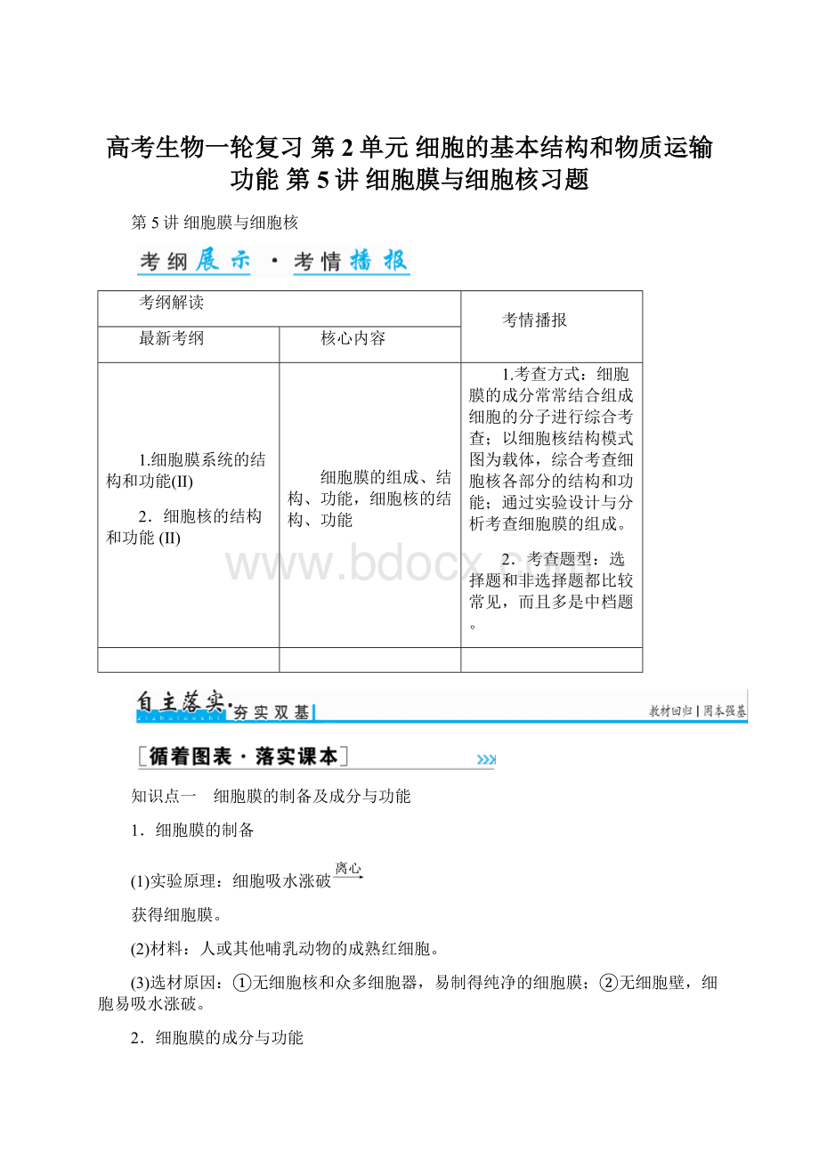 高考生物一轮复习 第2单元 细胞的基本结构和物质运输功能 第5讲 细胞膜与细胞核习题.docx