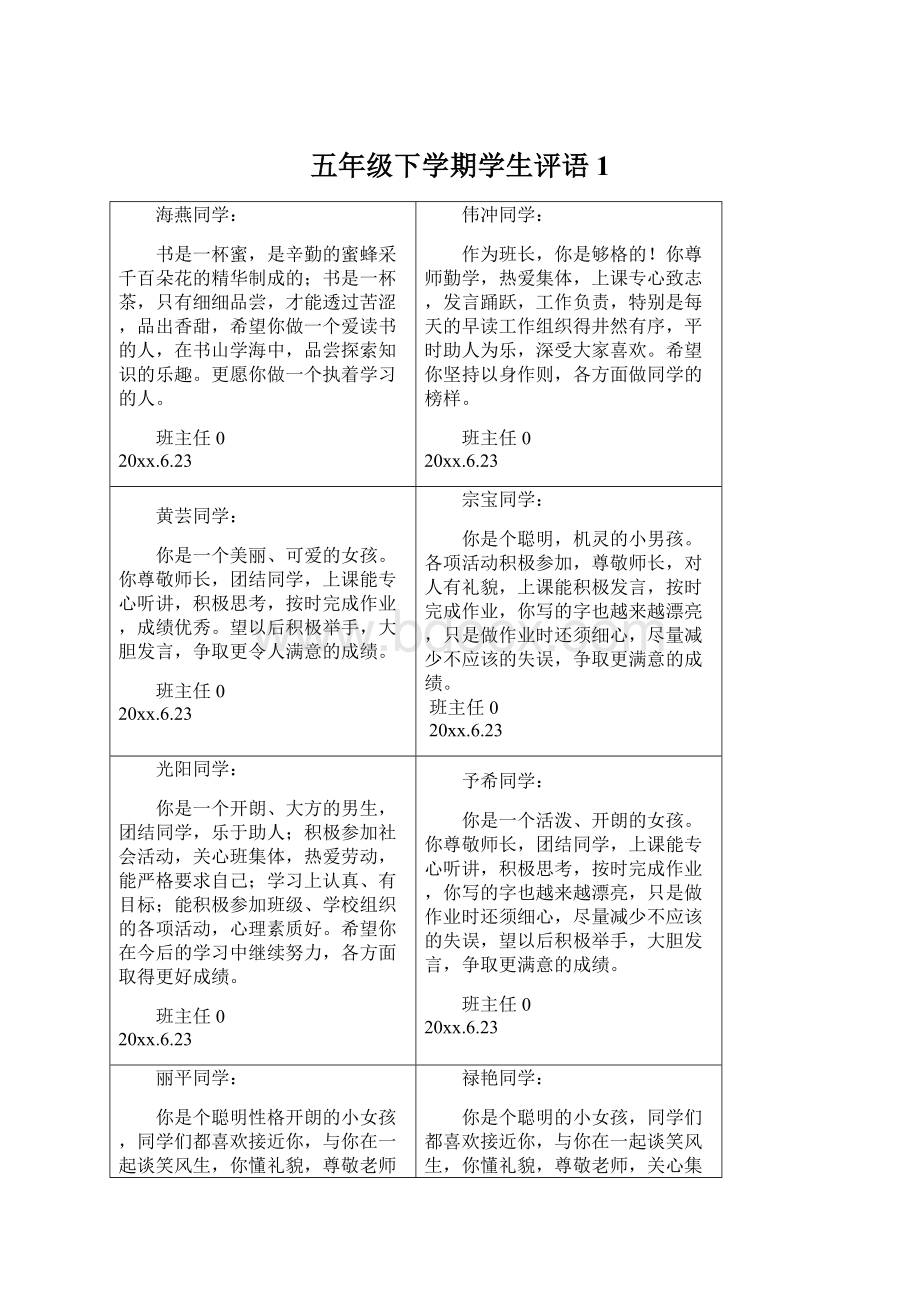 五年级下学期学生评语 1Word文档格式.docx