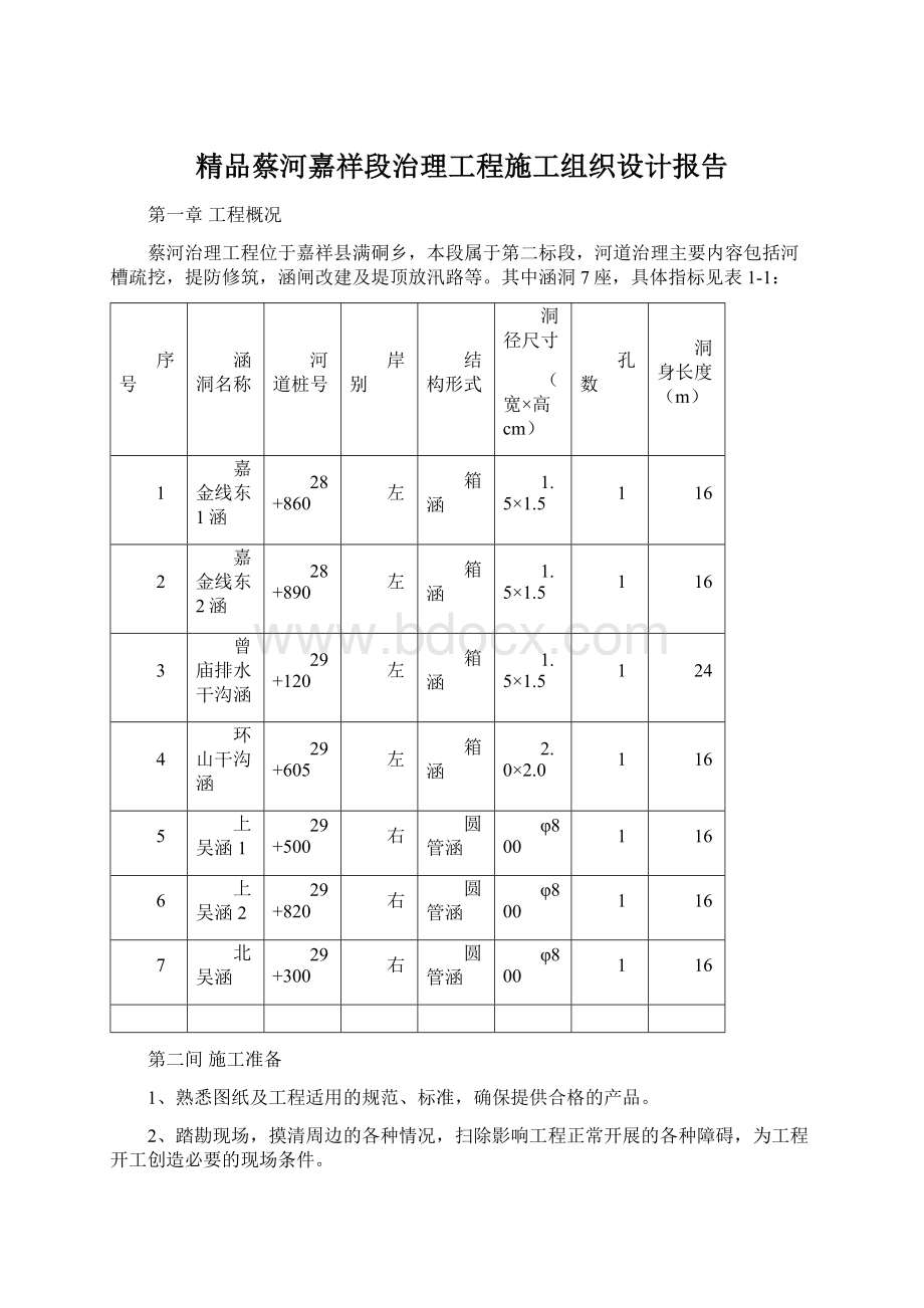 精品蔡河嘉祥段治理工程施工组织设计报告文档格式.docx