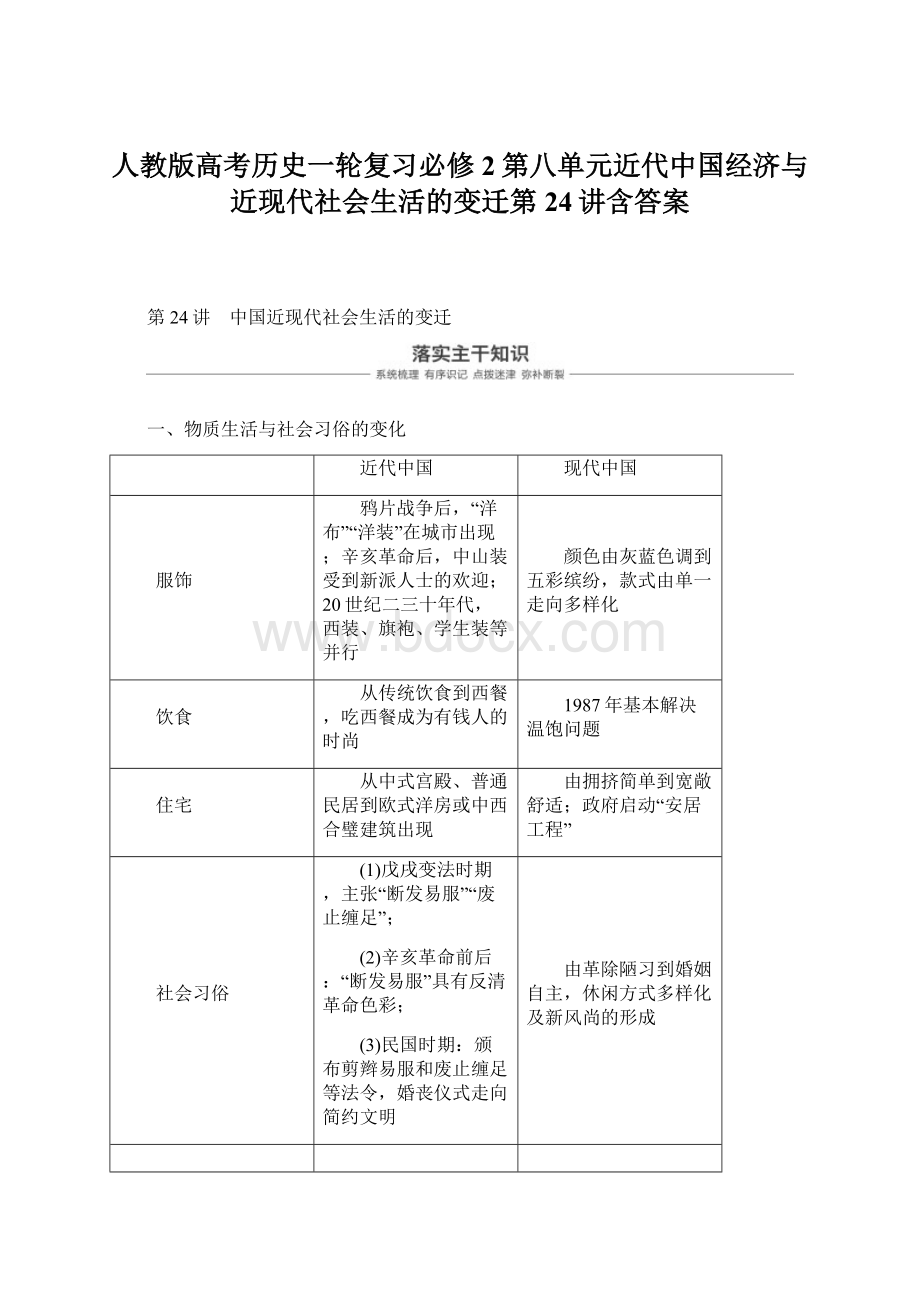 人教版高考历史一轮复习必修2第八单元近代中国经济与近现代社会生活的变迁第24讲含答案Word文档下载推荐.docx_第1页