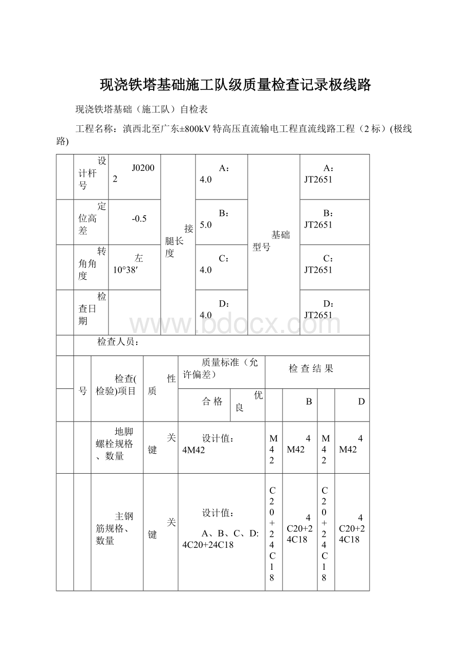 现浇铁塔基础施工队级质量检查记录极线路Word文档格式.docx_第1页