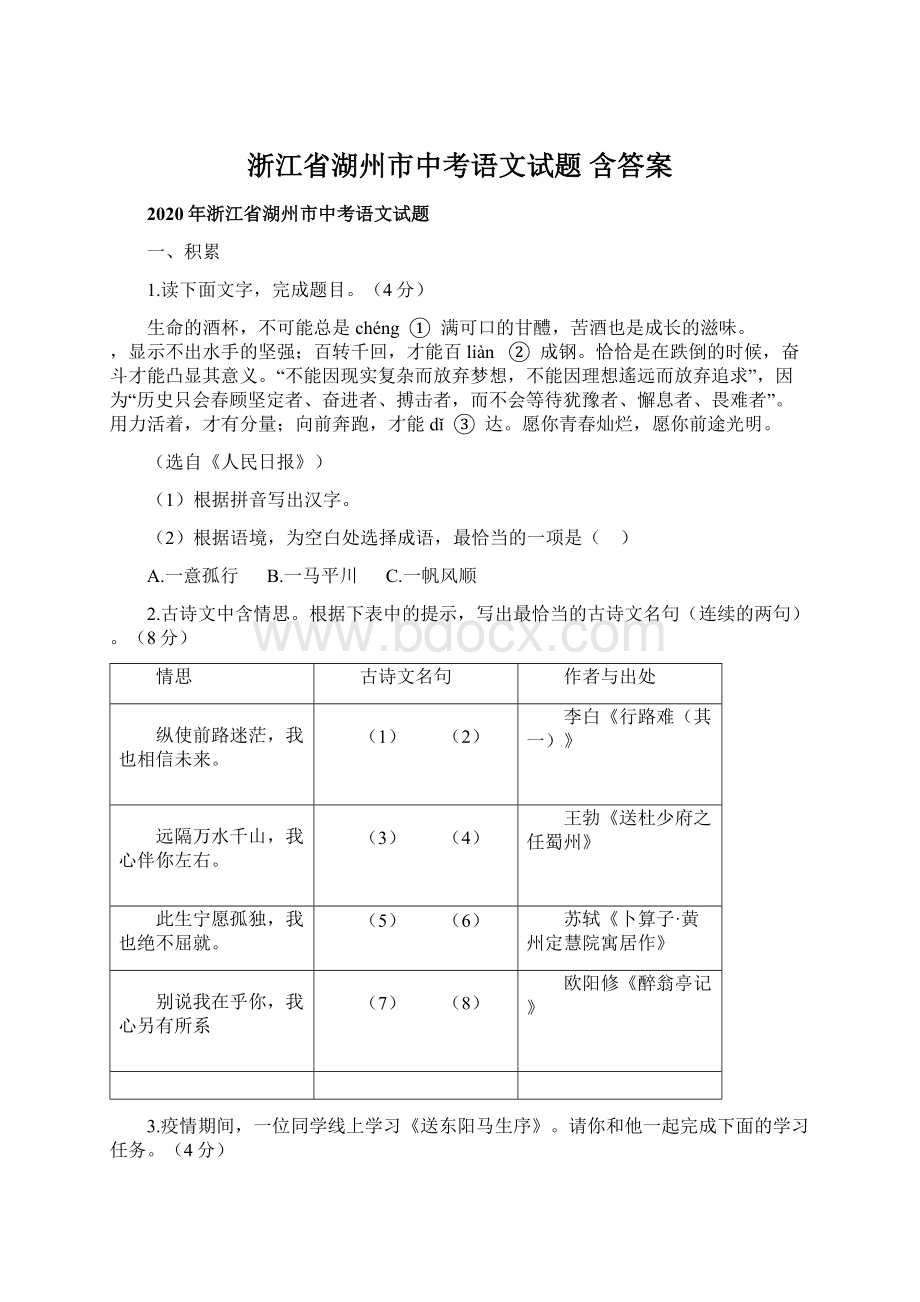 浙江省湖州市中考语文试题 含答案.docx