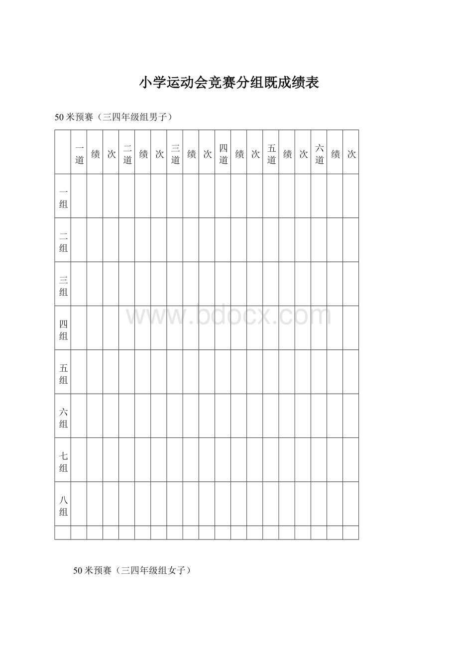 小学运动会竞赛分组既成绩表Word文档下载推荐.docx