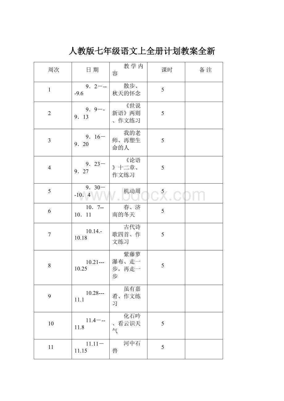 人教版七年级语文上全册计划教案全新Word格式文档下载.docx_第1页