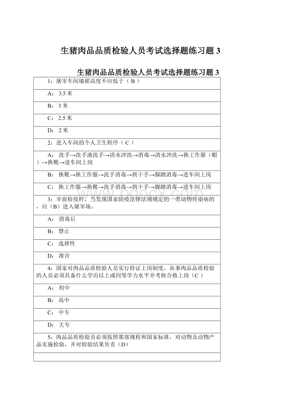 生猪肉品品质检验人员考试选择题练习题3.docx