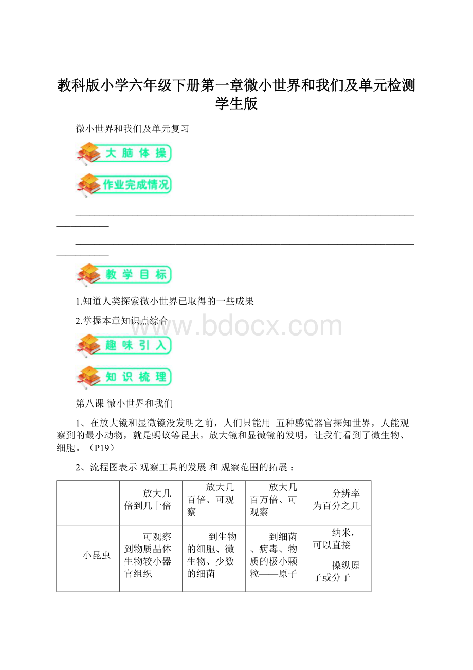 教科版小学六年级下册第一章微小世界和我们及单元检测学生版Word格式.docx