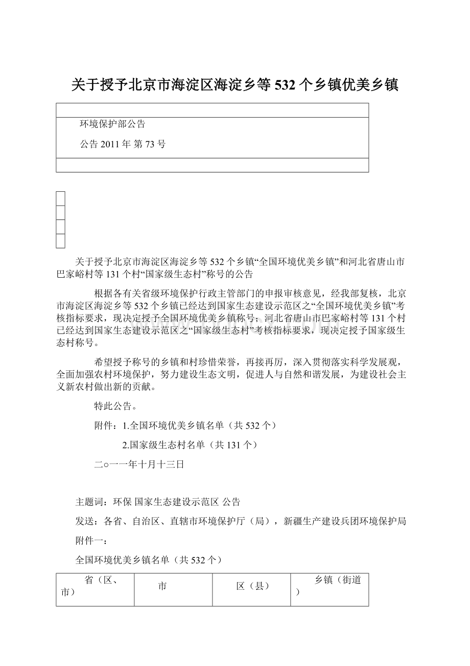 关于授予北京市海淀区海淀乡等532个乡镇优美乡镇.docx_第1页