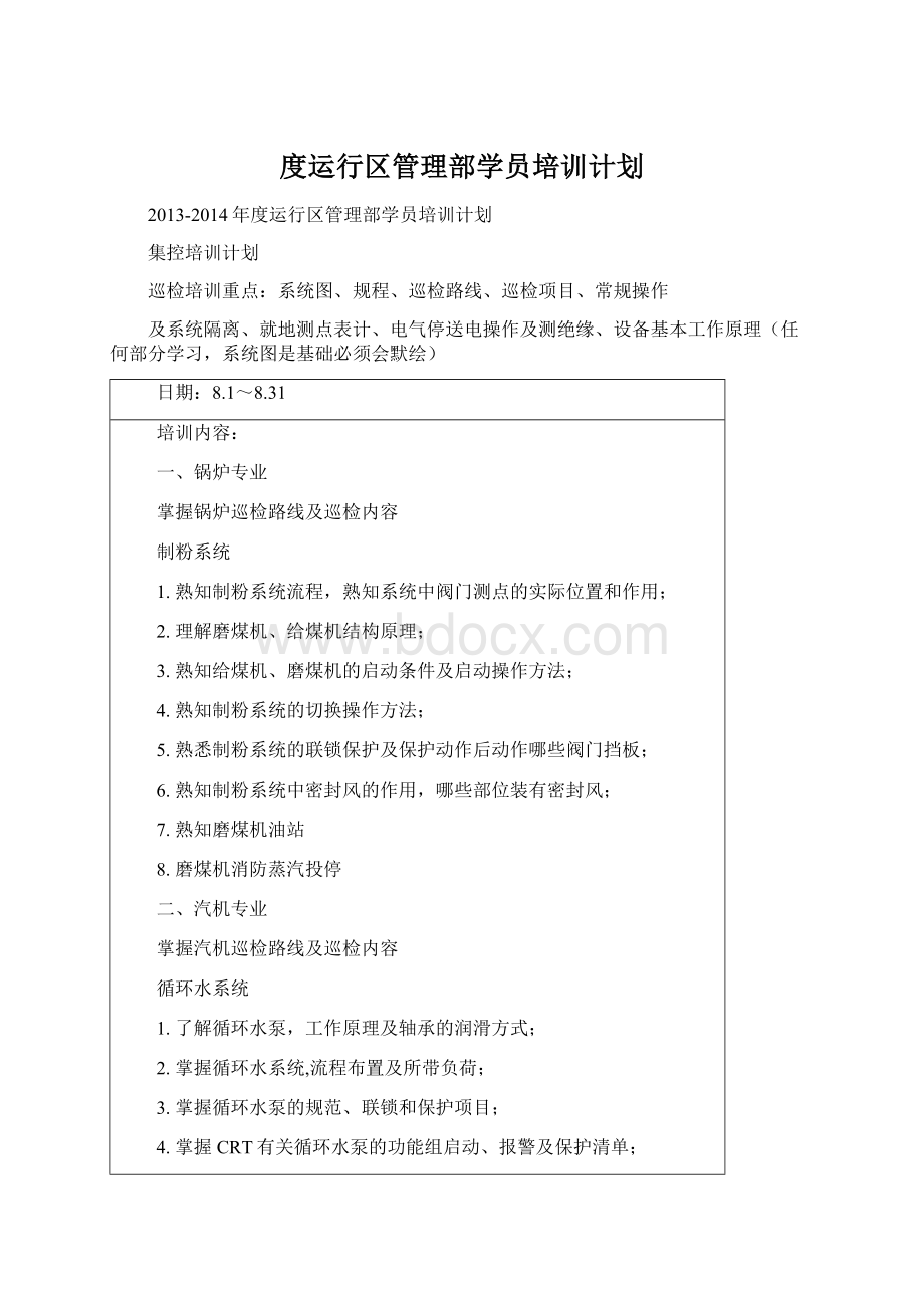 度运行区管理部学员培训计划Word格式文档下载.docx