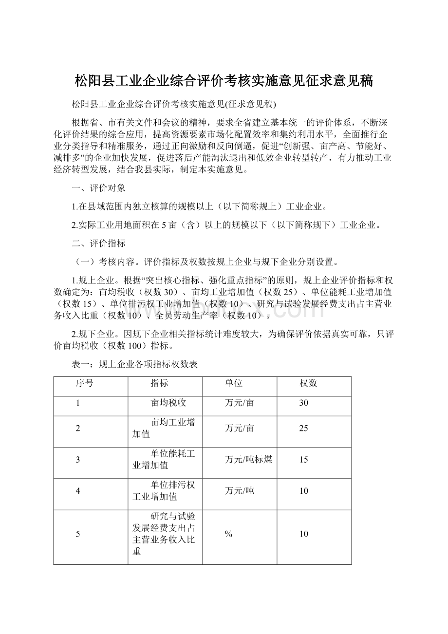 松阳县工业企业综合评价考核实施意见征求意见稿.docx_第1页
