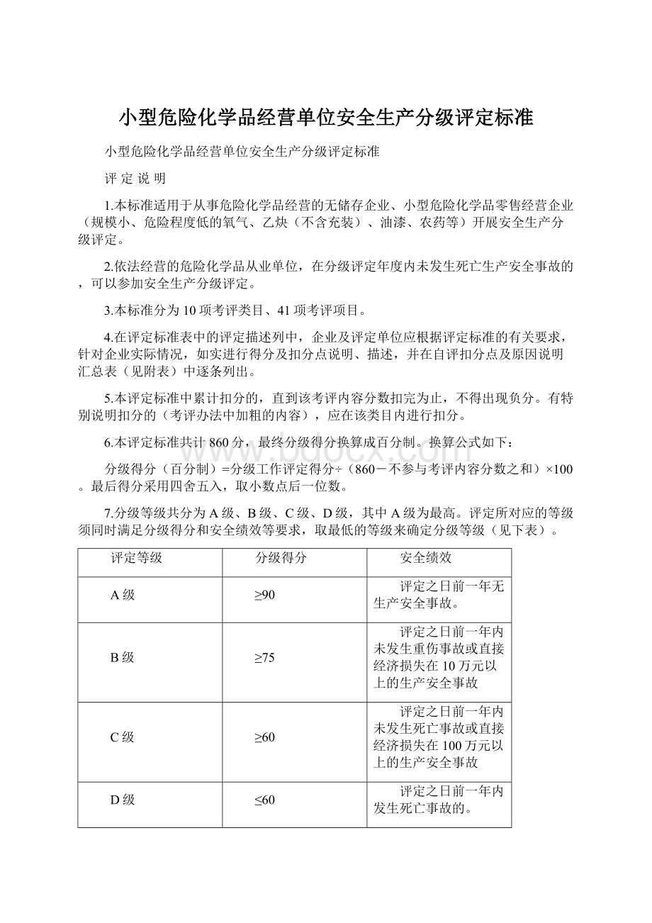 小型危险化学品经营单位安全生产分级评定标准.docx