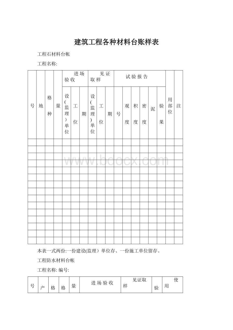 建筑工程各种材料台账样表Word格式.docx