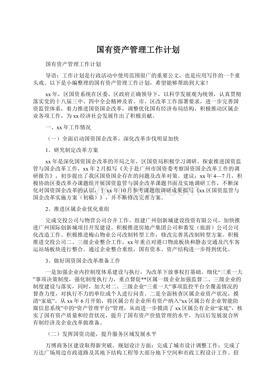 国有资产管理工作计划Word文档格式.docx