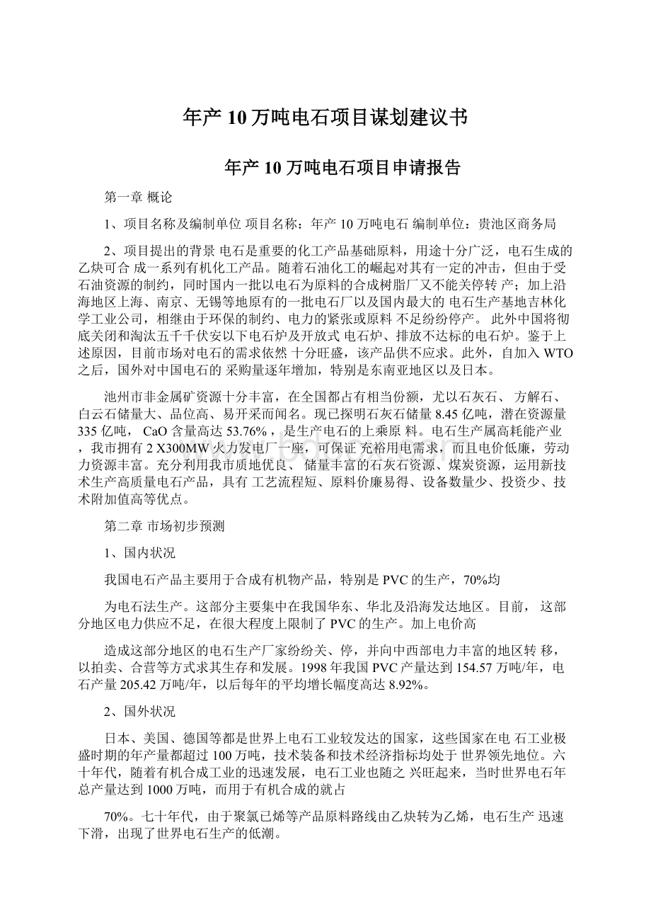 年产10万吨电石项目谋划建议书Word下载.docx