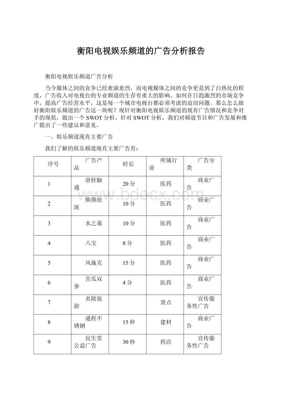 衡阳电视娱乐频道的广告分析报告Word下载.docx