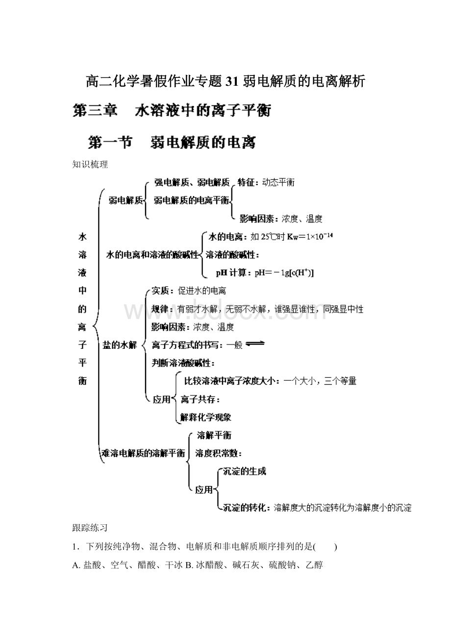 高二化学暑假作业专题31 弱电解质的电离解析Word格式.docx