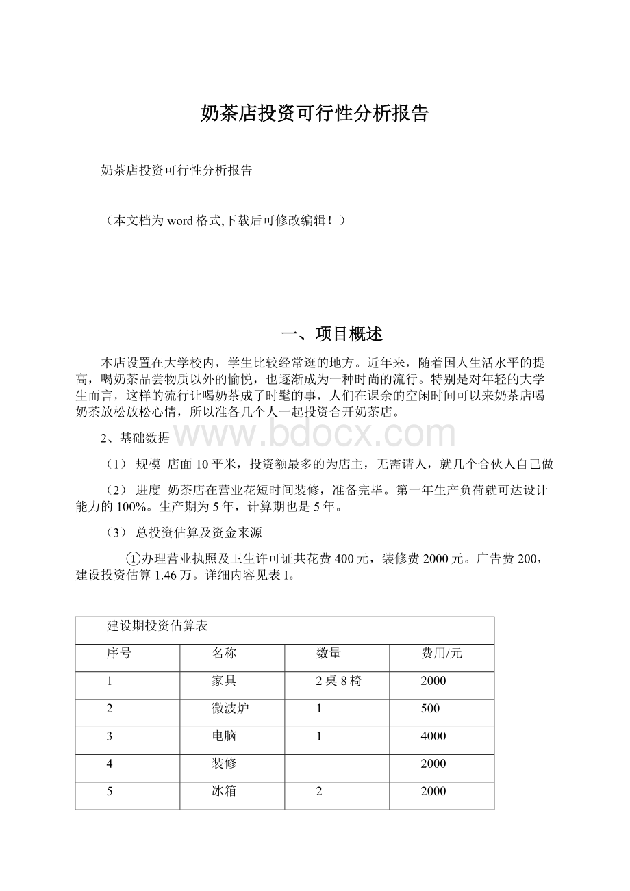 奶茶店投资可行性分析报告Word格式.docx_第1页