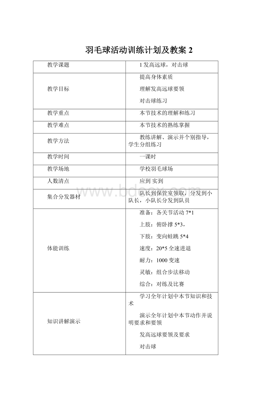 羽毛球活动训练计划及教案2Word文档下载推荐.docx