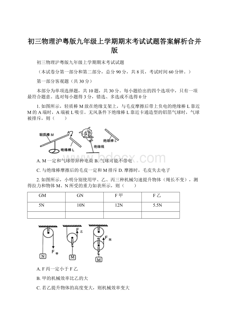 初三物理沪粤版九年级上学期期末考试试题答案解析合并版.docx