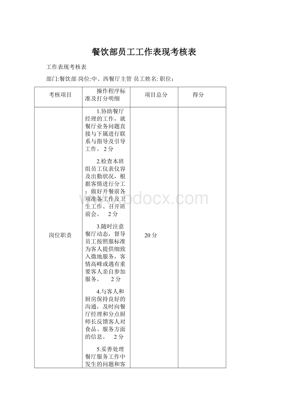 餐饮部员工工作表现考核表.docx