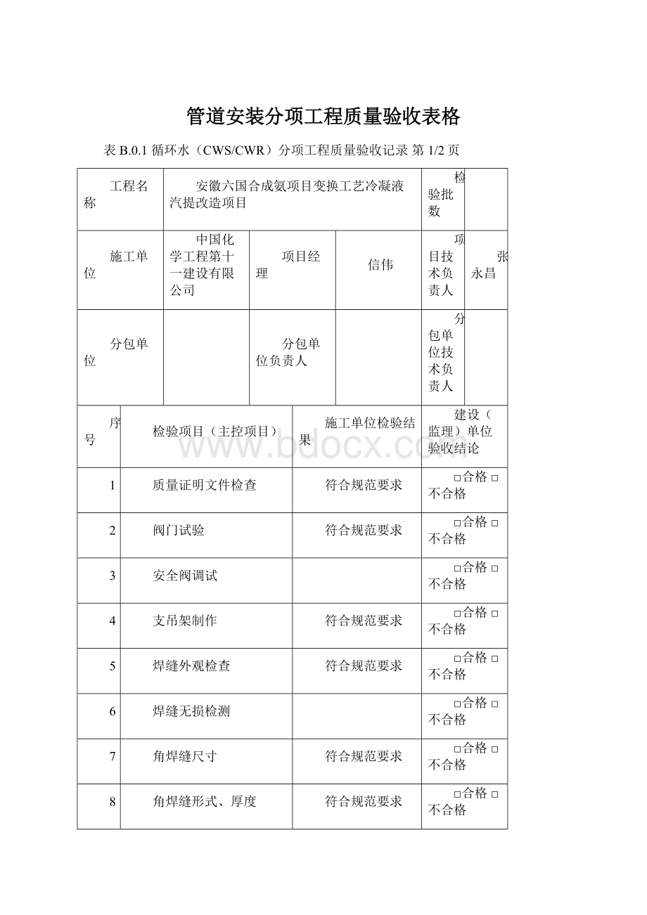 管道安装分项工程质量验收表格Word格式.docx_第1页