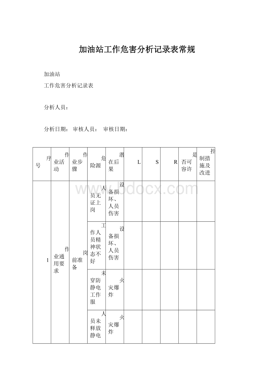 加油站工作危害分析记录表常规Word格式文档下载.docx_第1页