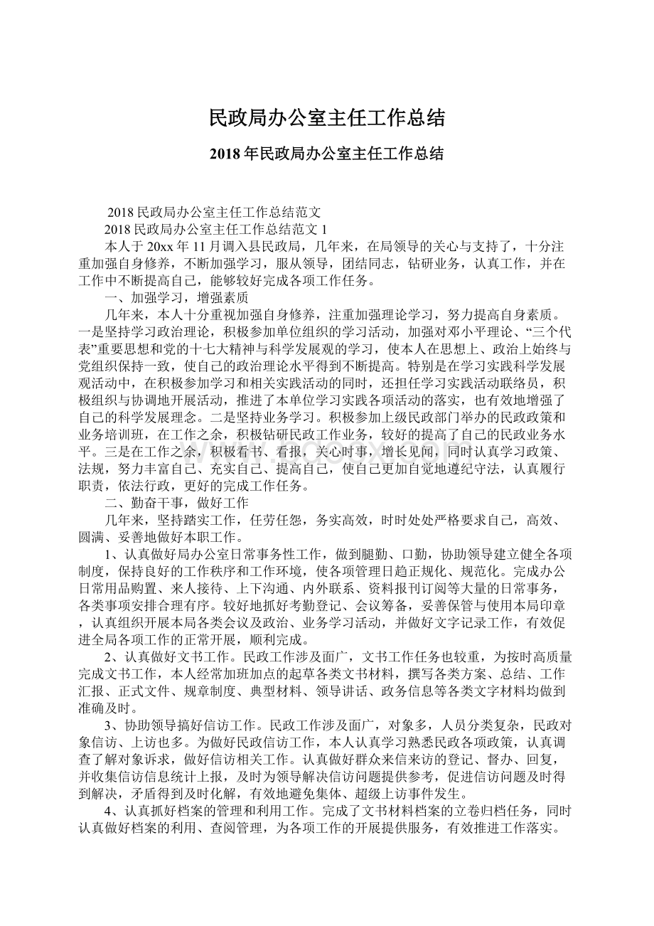 民政局办公室主任工作总结Word下载.docx_第1页