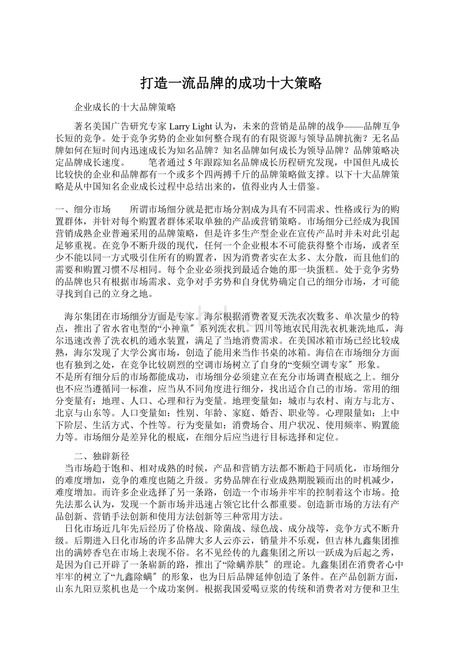 打造一流品牌的成功十大策略文档格式.docx