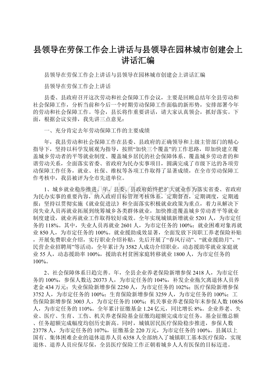 县领导在劳保工作会上讲话与县领导在园林城市创建会上讲话汇编Word文件下载.docx