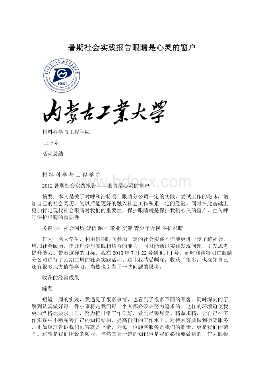 暑期社会实践报告眼睛是心灵的窗户.docx