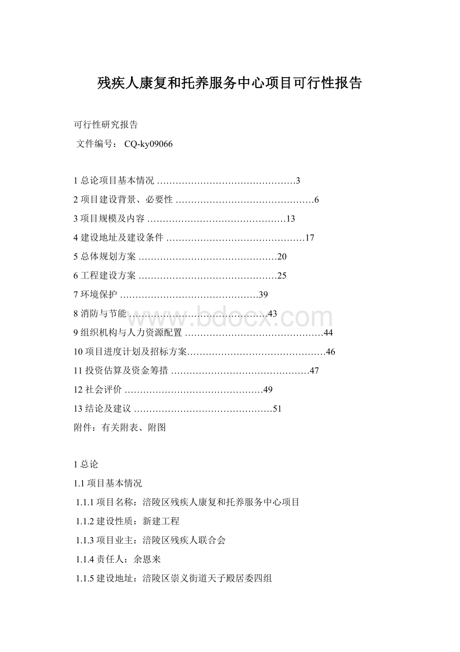 残疾人康复和托养服务中心项目可行性报告Word文档下载推荐.docx_第1页