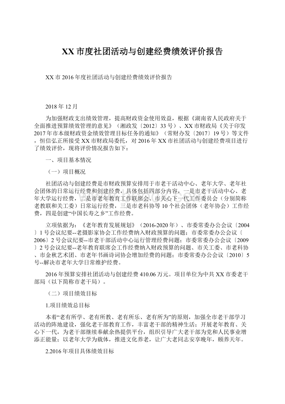 XX市度社团活动与创建经费绩效评价报告.docx_第1页