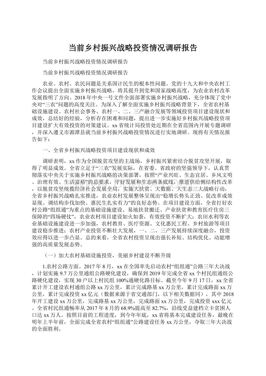 当前乡村振兴战略投资情况调研报告文档格式.docx