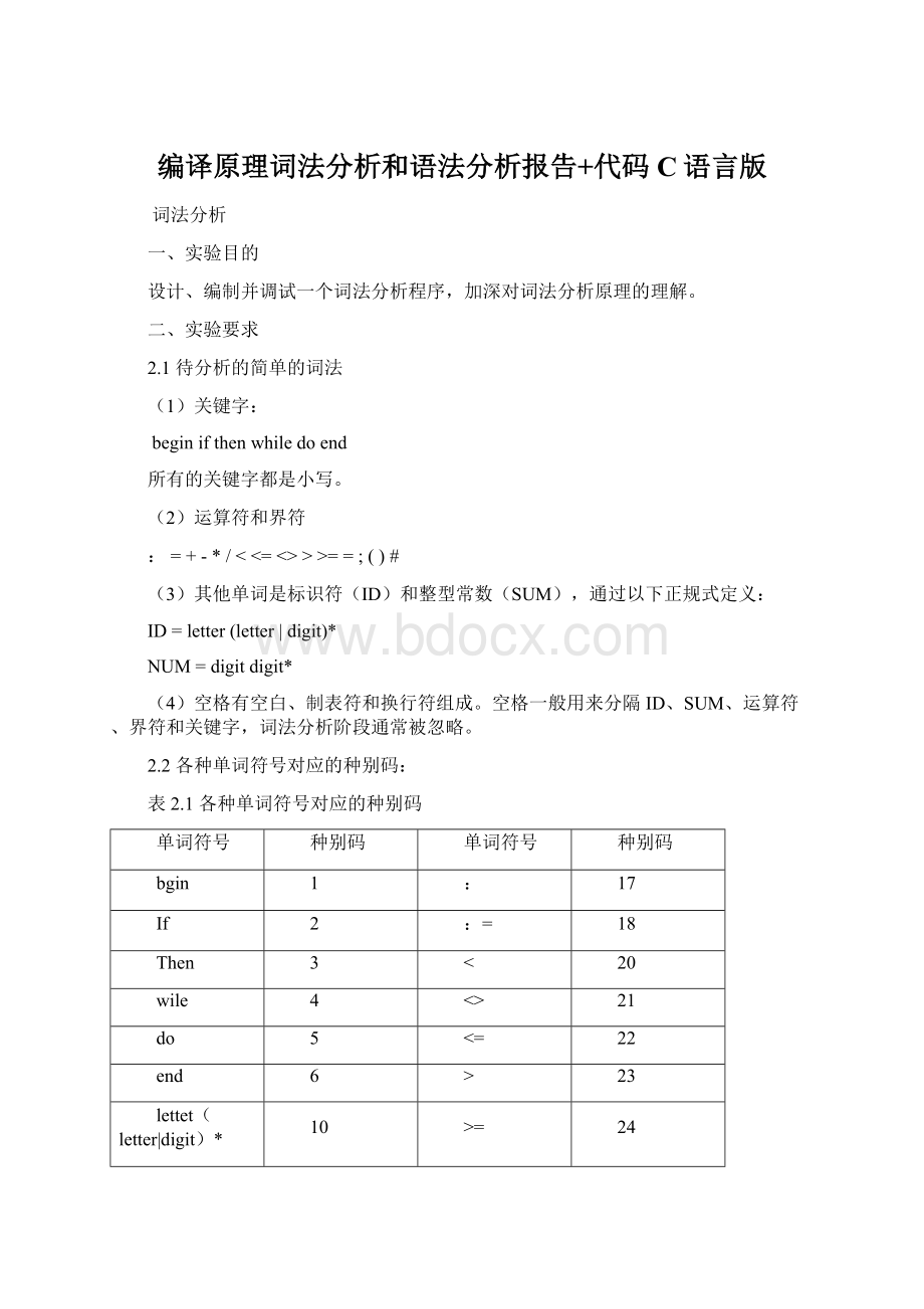 编译原理词法分析和语法分析报告+代码C语言版.docx_第1页