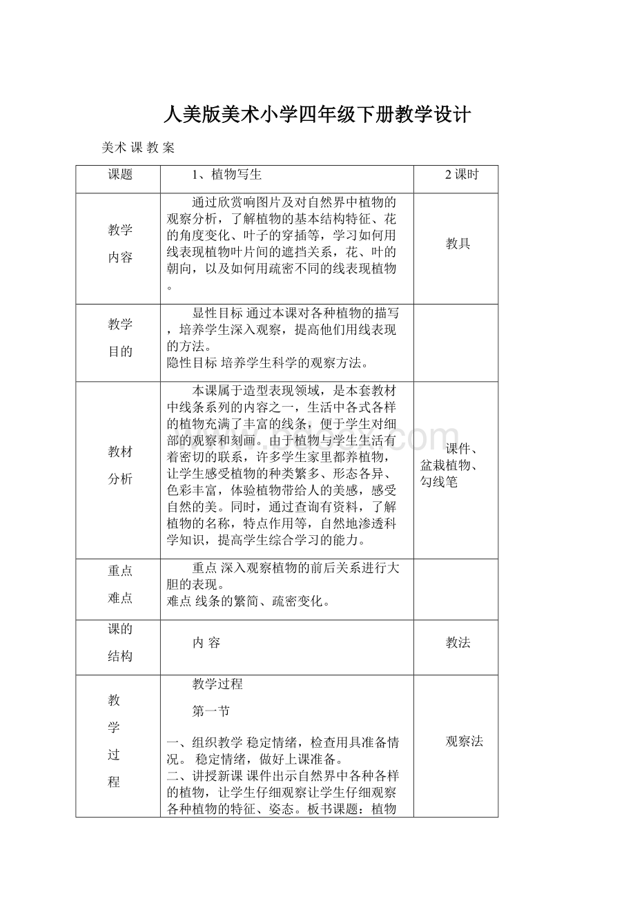 人美版美术小学四年级下册教学设计.docx_第1页